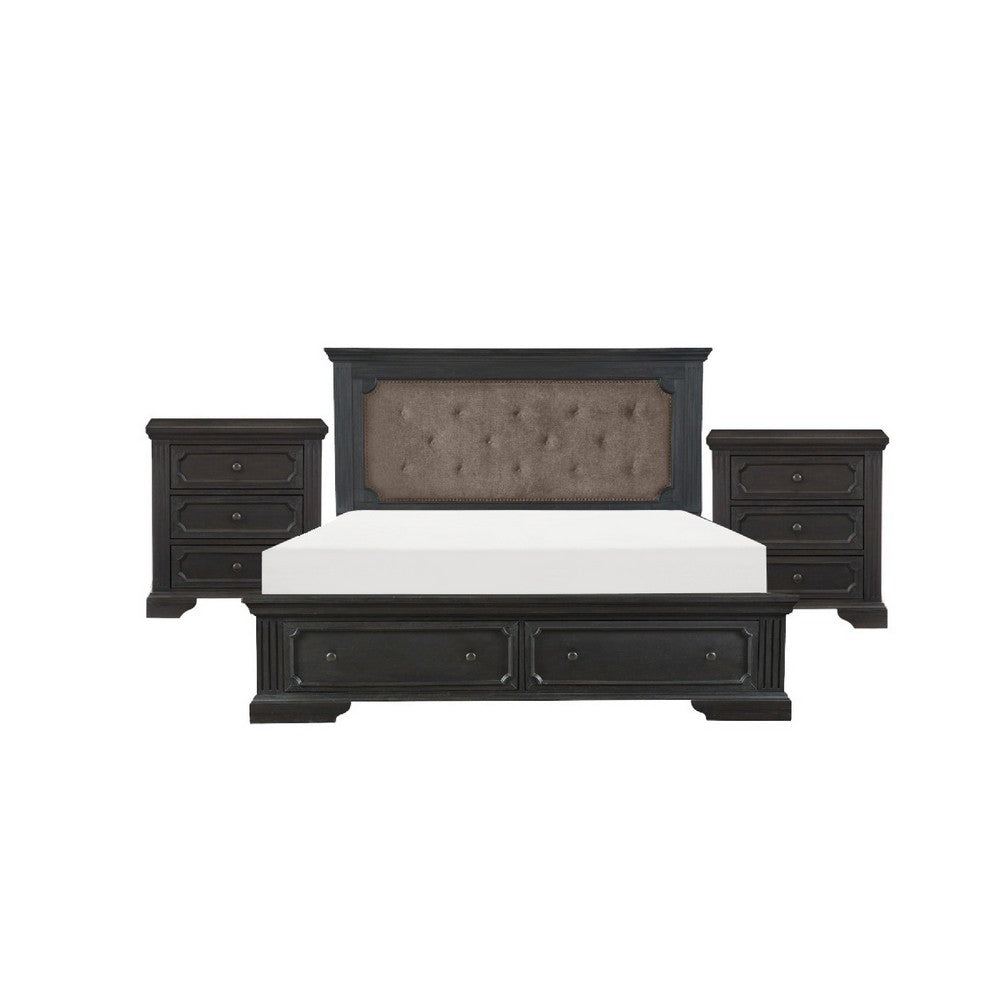 Queen Bedroom Set, Drawer Storage, Gray, 3 Piece Set with 2 Nightstands