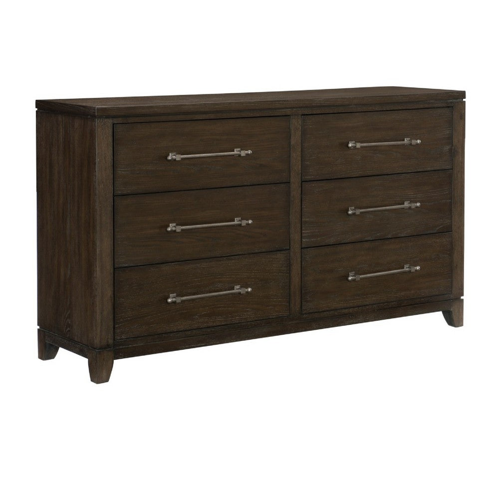 Queen Bedroom Set, Drawer Storage, Brown, Silver, 5 Piece Set with 2 Nightstands, Dresser, and Mirror