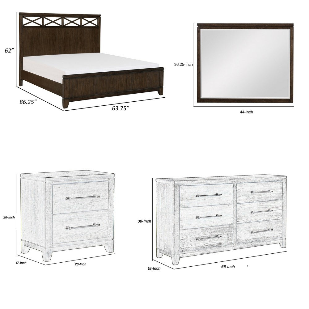 Queen Bedroom Set, Drawer Storage, Brown, Silver, 5 Piece Set with 2 Nightstands, Dresser, and Mirror