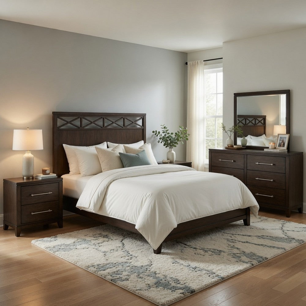 Queen Bedroom Set, Drawer Storage, Brown, Silver, 5 Piece Set with 2 Nightstands, Dresser, and Mirror