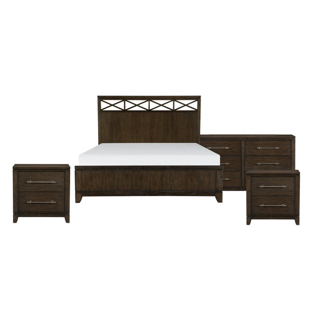 Queen Bedroom Set, Drawer Storage, Brown, 4 Piece Set with 2 Nightstands and Dresser