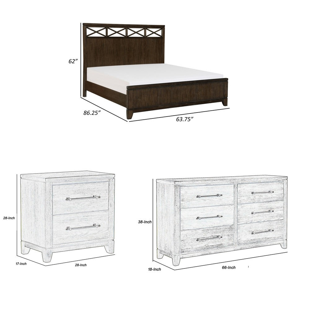 Queen Bedroom Set, Drawer Storage, Brown, 4 Piece Set with 2 Nightstands and Dresser