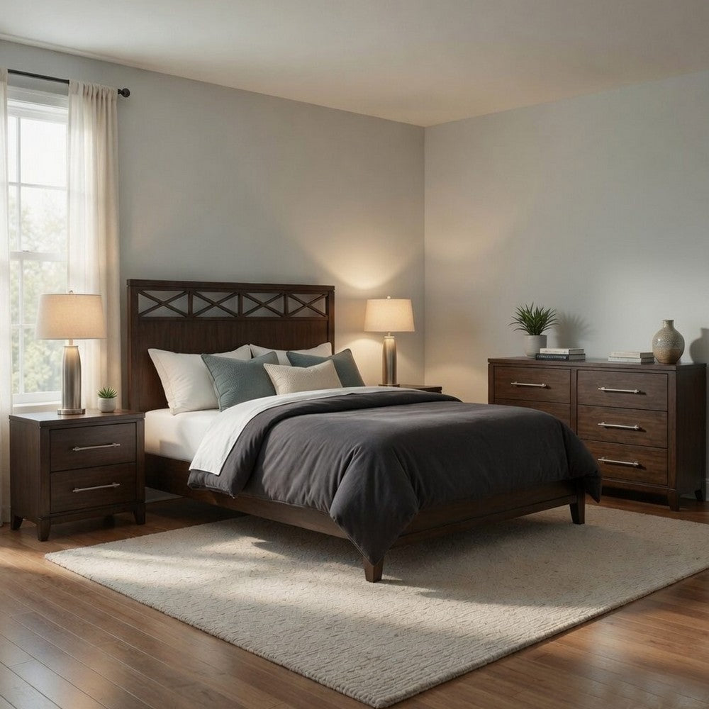 Queen Bedroom Set, Drawer Storage, Brown, 4 Piece Set with 2 Nightstands and Dresser