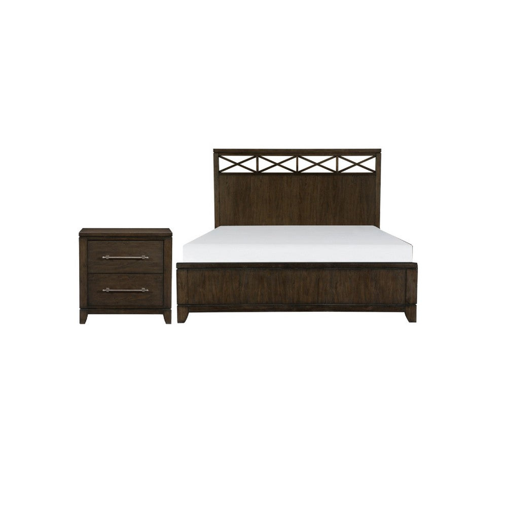 Queen Bedroom Set, Drawer Storage, Brown, 2 Piece Set with Nightstand