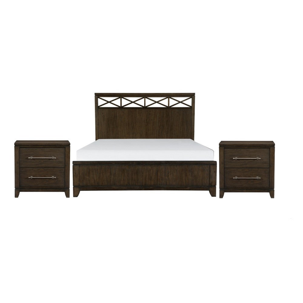 Queen Bedroom Set, Drawer Storage, Brown, 3 Piece Set with 2 Nightstands