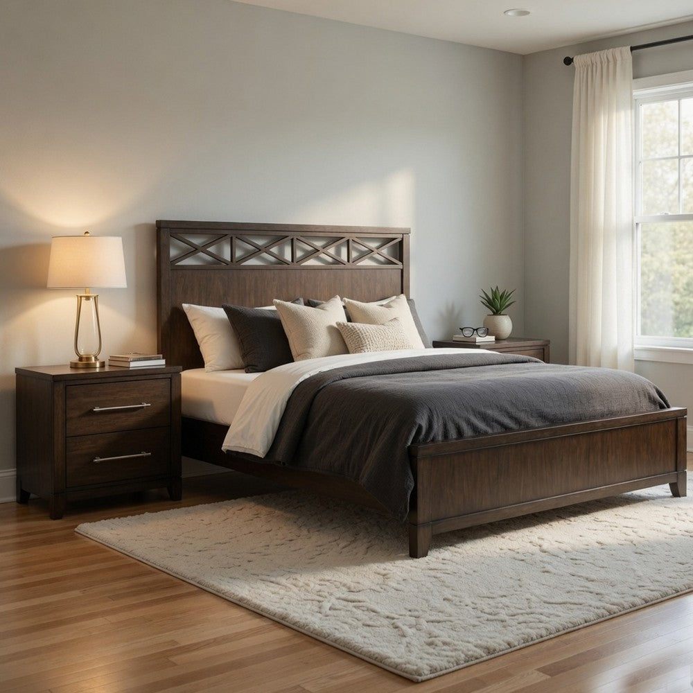 Queen Bedroom Set, Drawer Storage, Brown, 3 Piece Set with 2 Nightstands