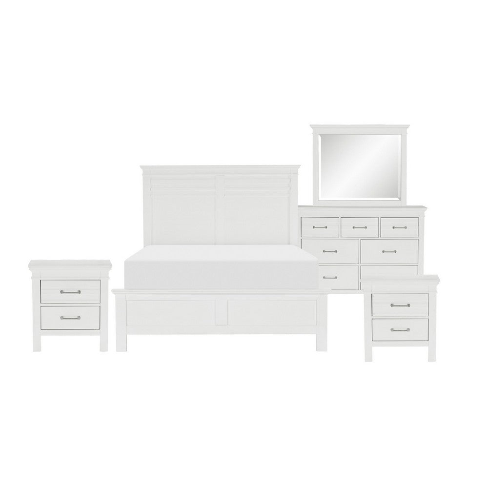 Queen Bedroom Set, Drawer Storage, White, 5 Piece Set with 2 Nightstands, Dresser, and Mirror