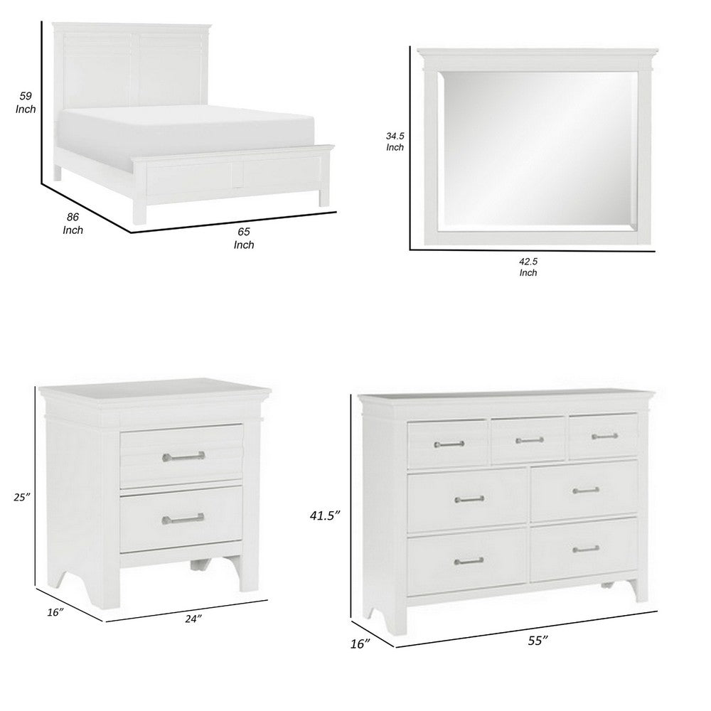 Queen Bedroom Set, Drawer Storage, White, 5 Piece Set with 2 Nightstands, Dresser, and Mirror