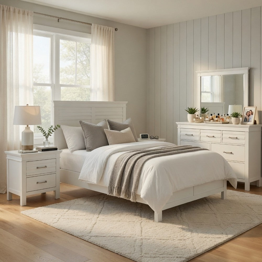 Queen Bedroom Set, Drawer Storage, White, 5 Piece Set with 2 Nightstands, Dresser, and Mirror
