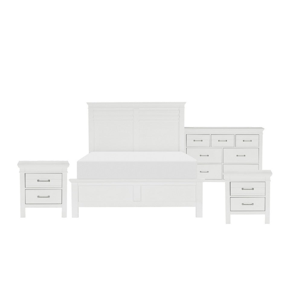 Queen Bedroom Set, Drawer Storage, White, 4 Piece Set with 2 Nightstands and Dresser
