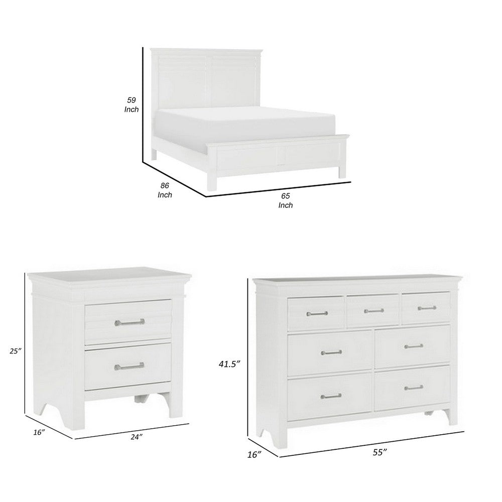 Queen Bedroom Set, Drawer Storage, White, 4 Piece Set with 2 Nightstands and Dresser