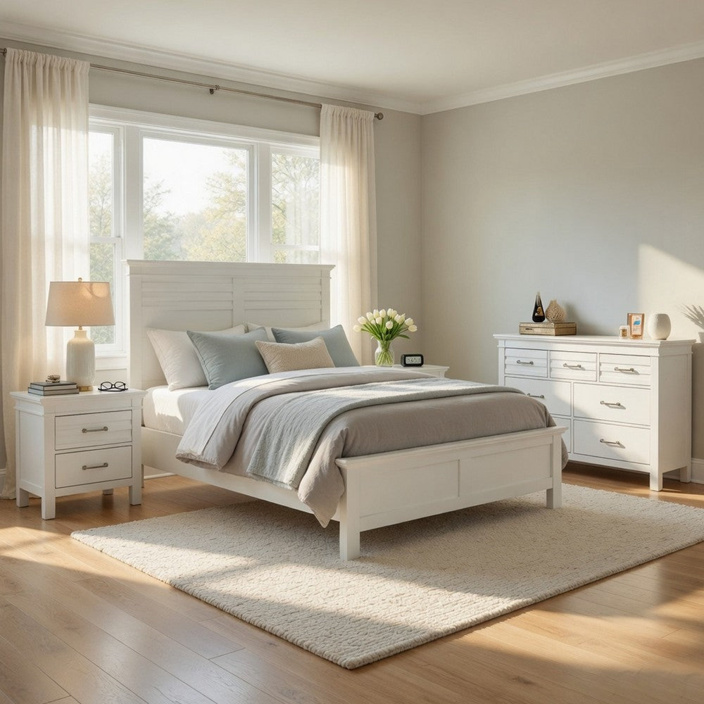 Queen Bedroom Set, Drawer Storage, White, 4 Piece Set with 2 Nightstands and Dresser