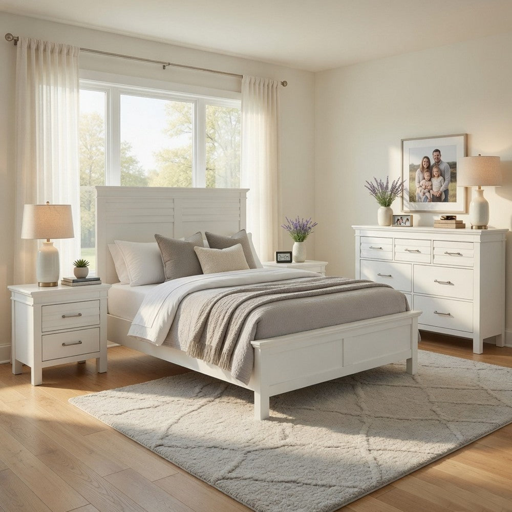 Queen Bedroom Set, Drawer Storage, White, 4 Piece Set with 2 Nightstands and Dresser