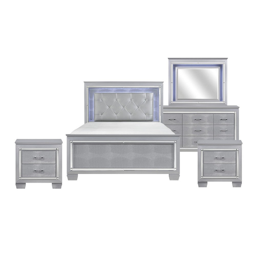 Queen Bedroom Set, Drawer Storage, Gray, 5 Piece Set with 2 Nightstands, Dresser, and Mirror