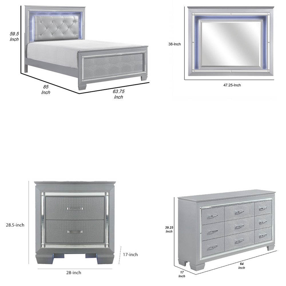 Queen Bedroom Set, Drawer Storage, Gray, 5 Piece Set with 2 Nightstands, Dresser, and Mirror