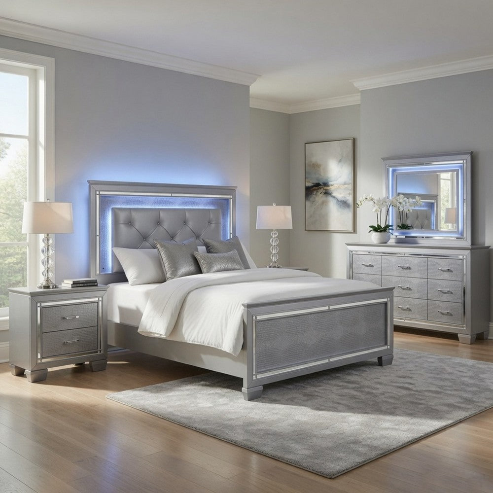 Queen Bedroom Set, Drawer Storage, Gray, 5 Piece Set with 2 Nightstands, Dresser, and Mirror
