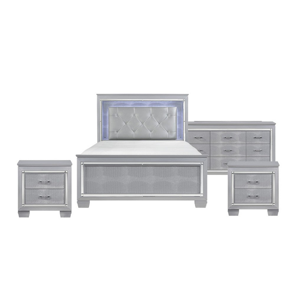 Queen Bedroom Set, Drawer Storage, Gray, 4 Piece Set with 2 Nightstands and Dresser