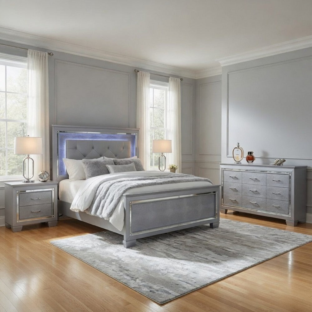 Queen Bedroom Set, Drawer Storage, Gray, 4 Piece Set with 2 Nightstands and Dresser