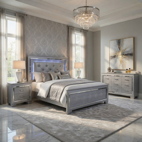 Queen Bedroom Set, Drawer Storage, Gray, 4 Piece Set with 2 Nightstands and Dresser