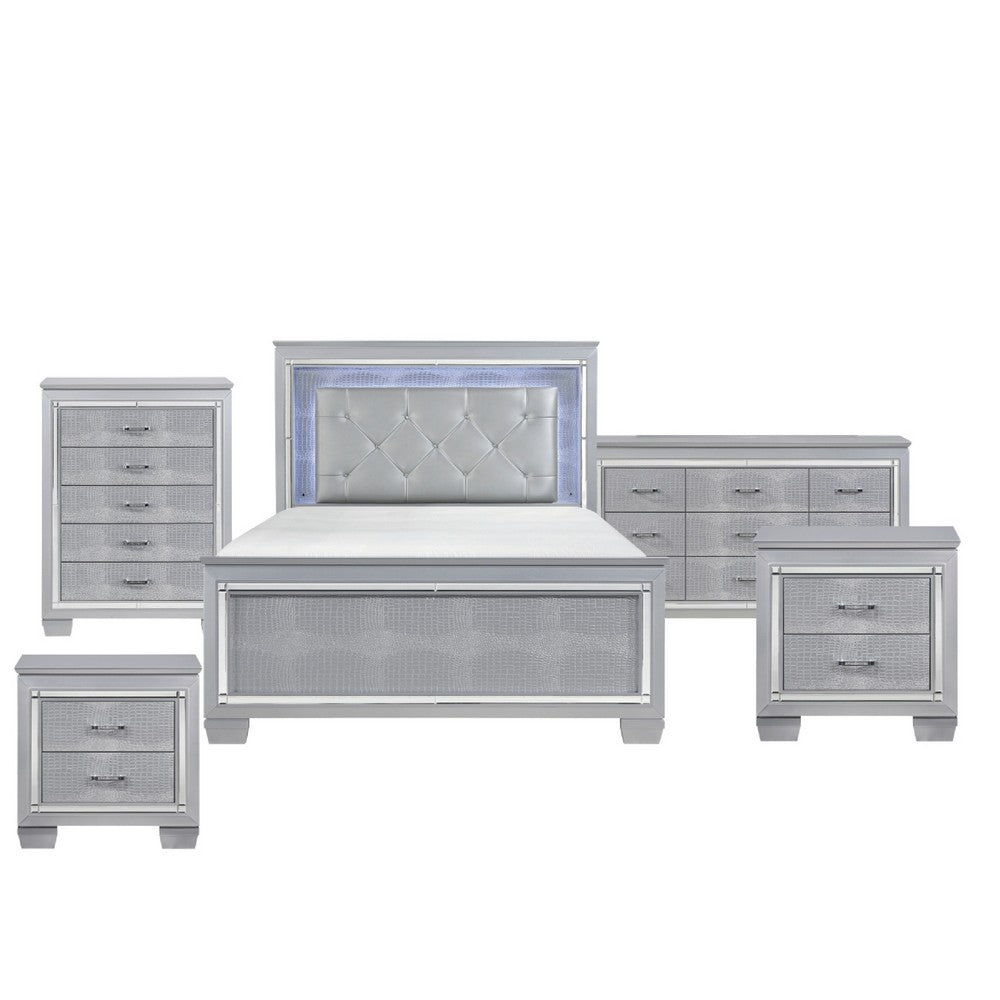 Queen Bedroom Set, Drawer Storage, Gray, 5 Piece Set with 2 Nightstands, Dresser, and Chest
