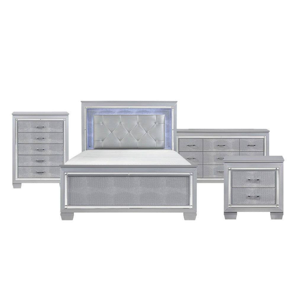 Queen Bedroom Set, Drawer Storage, Gray, 4 Piece Set with Nightstand, Dresser, and Chest