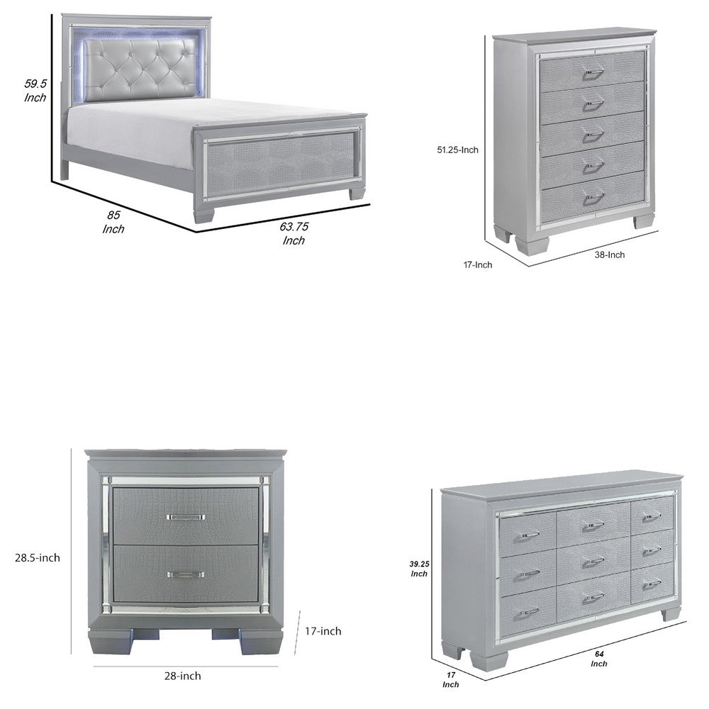 Queen Bedroom Set, Drawer Storage, Gray, 4 Piece Set with Nightstand, Dresser, and Chest