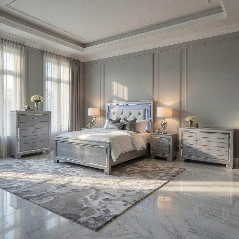 Queen Bedroom Set, Drawer Storage, Gray, 4 Piece Set with Nightstand, Dresser, and Chest