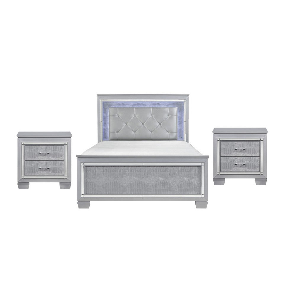 Queen Bedroom Set, Drawer Storage, Gray, 3 Piece Set with 2 Nightstands