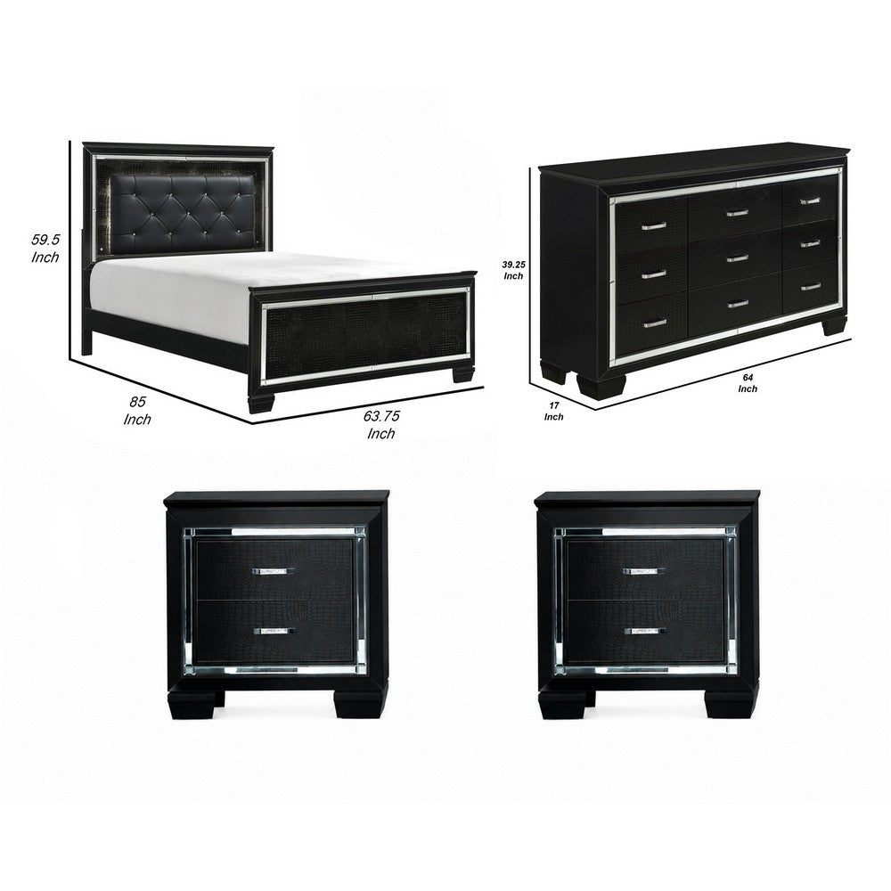 Queen Bedroom Set, Drawer Storage, Black, 4 Piece Set with 2 Nightstands and Dresser
