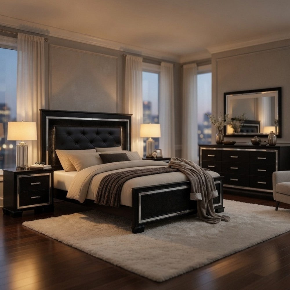 Queen Bedroom Set, Drawer Storage, Black, 4 Piece Set with 2 Nightstands and Dresser