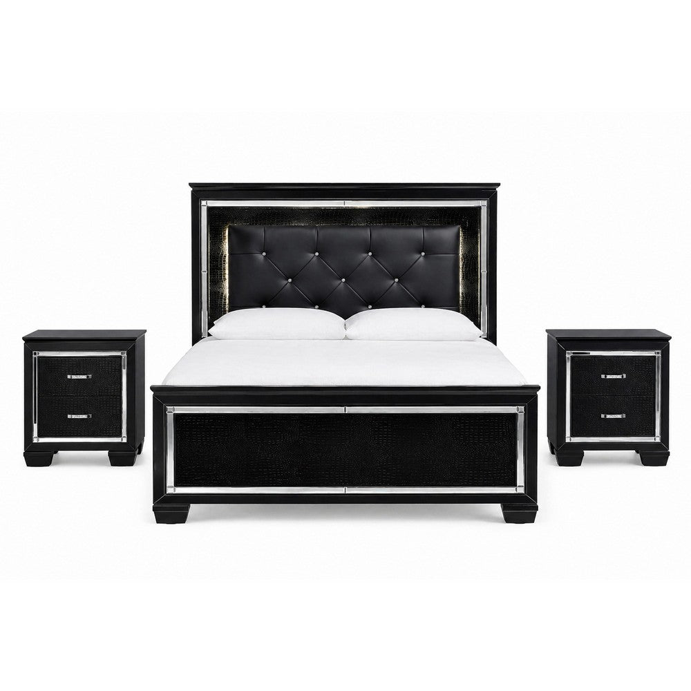 Queen Bedroom Set, Drawer Storage, Black, 3 Piece Set with 2 Nightstands