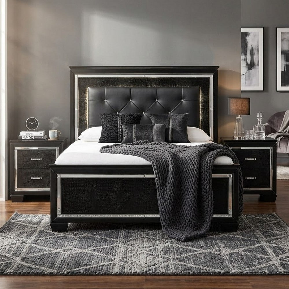 Queen Bedroom Set, Drawer Storage, Black, 3 Piece Set with 2 Nightstands