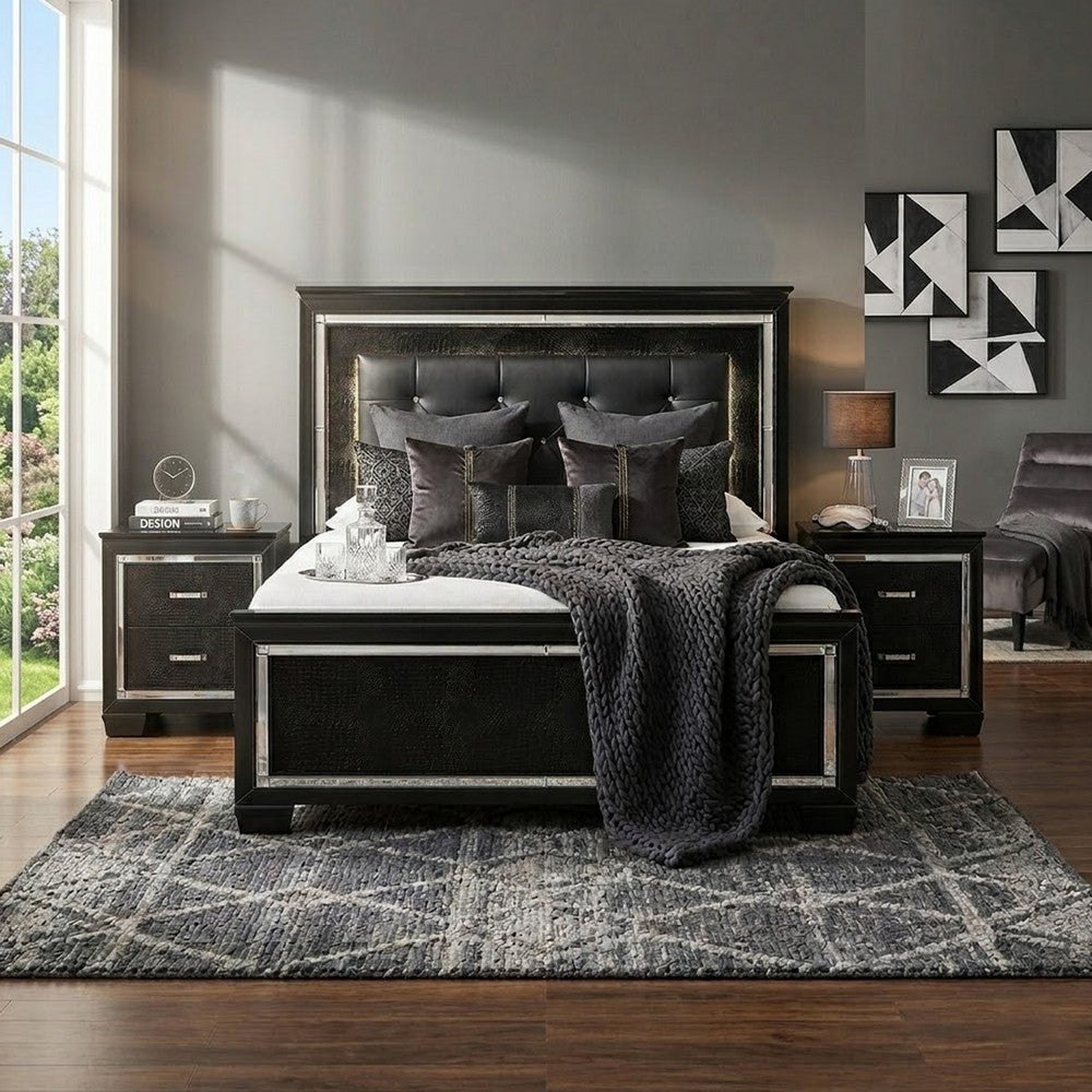 Queen Bedroom Set, Drawer Storage, Black, 3 Piece Set with 2 Nightstands