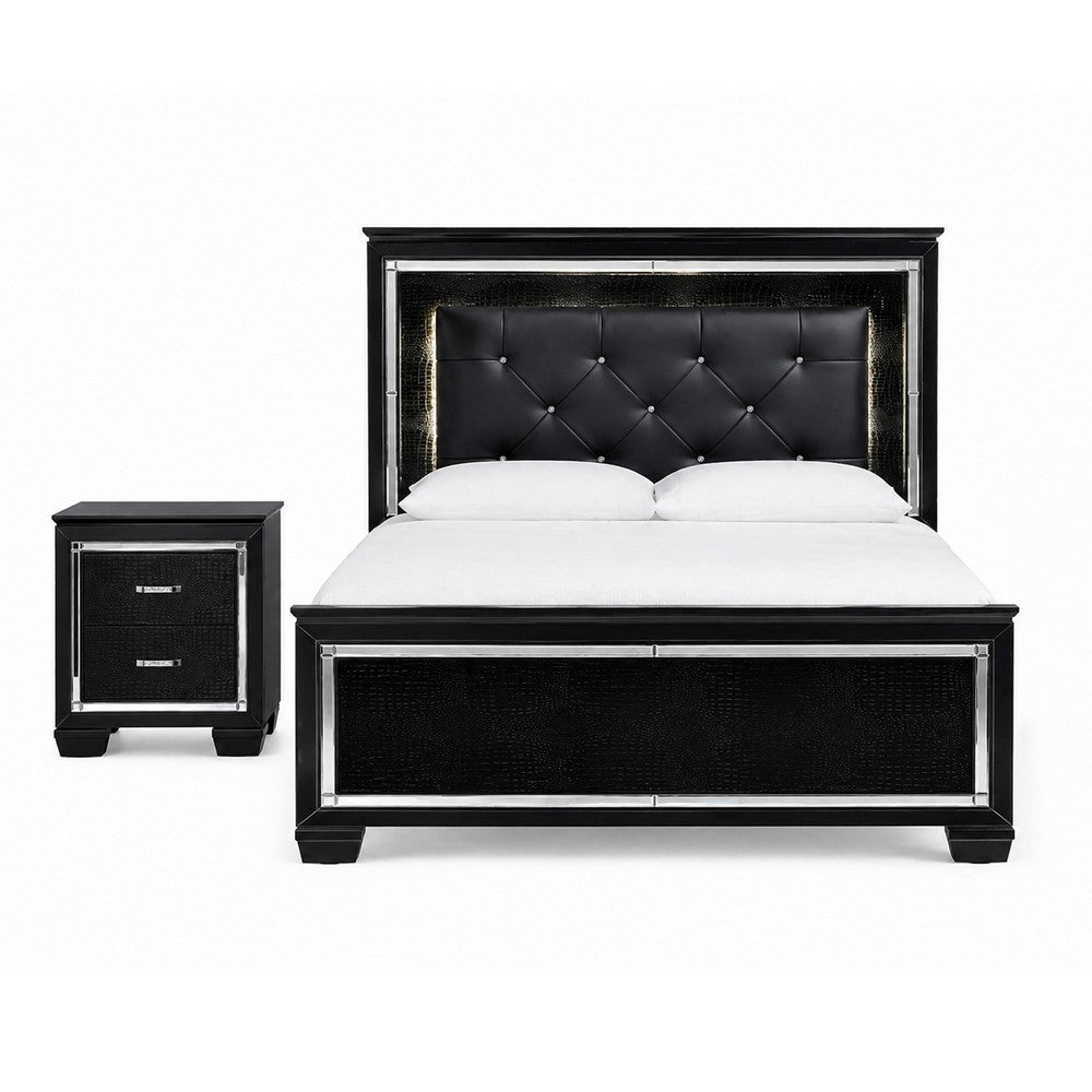 Queen Bedroom Set, Drawer Storage, Black, 2 Piece Set with Nightstand