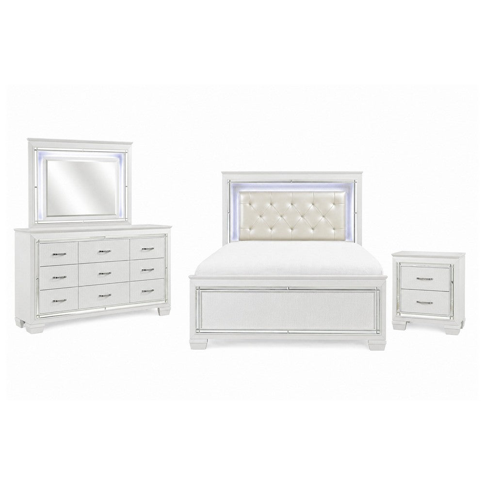 Full Bedroom Set, Drawer Storage, White, 4 Piece Set with Nightstand, Dresser, and Mirror