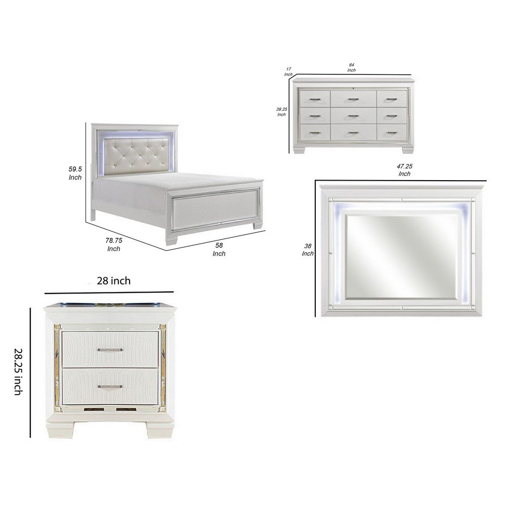 Full Bedroom Set, Drawer Storage, White, 4 Piece Set with Nightstand, Dresser, and Mirror