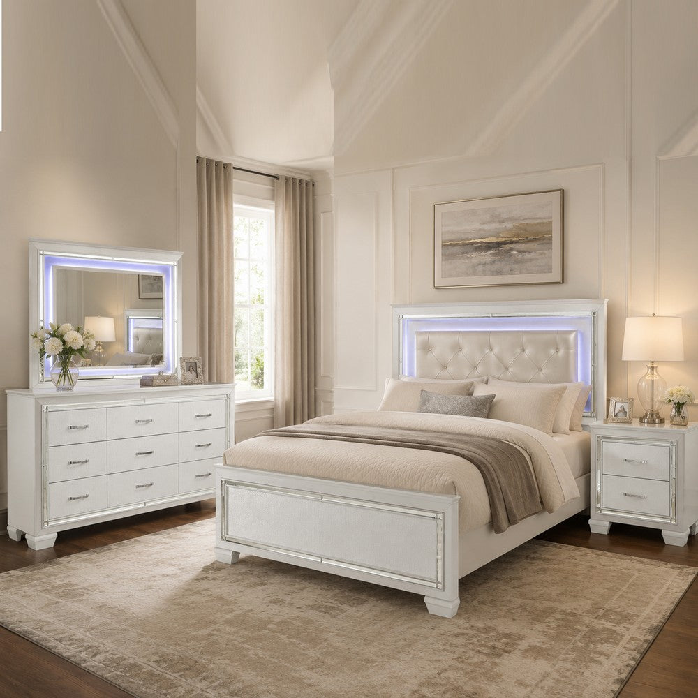 Full Bedroom Set, Drawer Storage, White, 4 Piece Set with Nightstand, Dresser, and Mirror