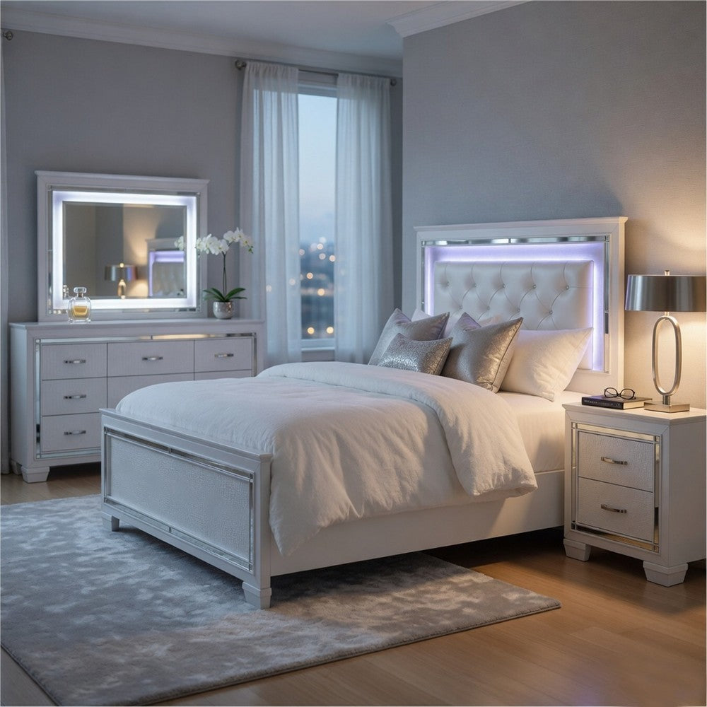 Full Bedroom Set, Drawer Storage, White, 4 Piece Set with Nightstand, Dresser, and Mirror