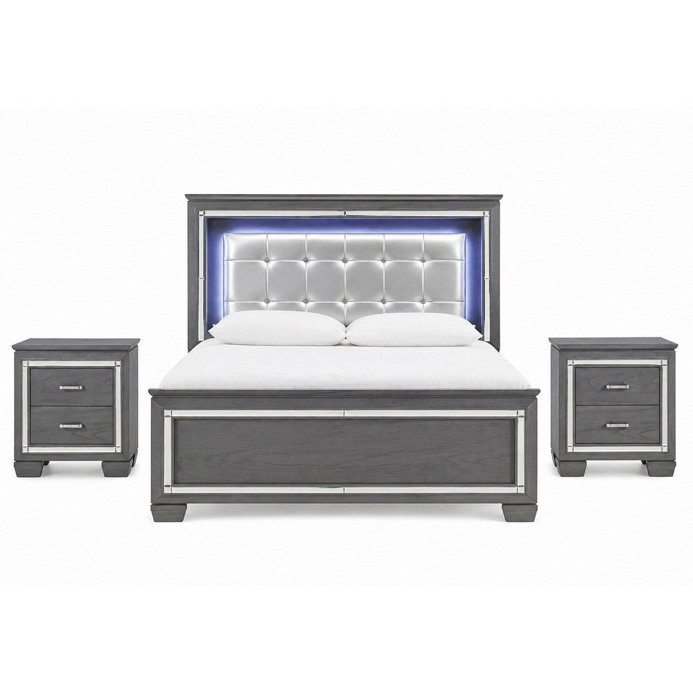 Queen Bedroom Set, Drawer Storage, Gray, 3 Piece Set with 2 Nightstands