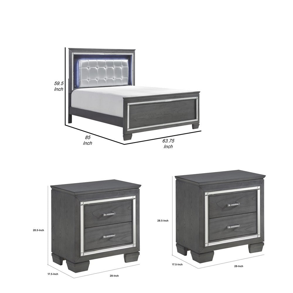 Queen Bedroom Set, Drawer Storage, Gray, 3 Piece Set with 2 Nightstands