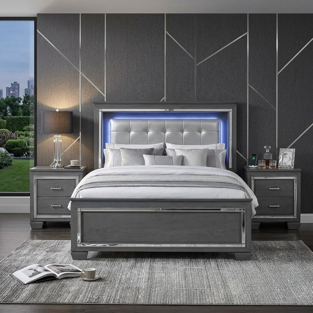 Queen Bedroom Set, Drawer Storage, Gray, 3 Piece Set with 2 Nightstands