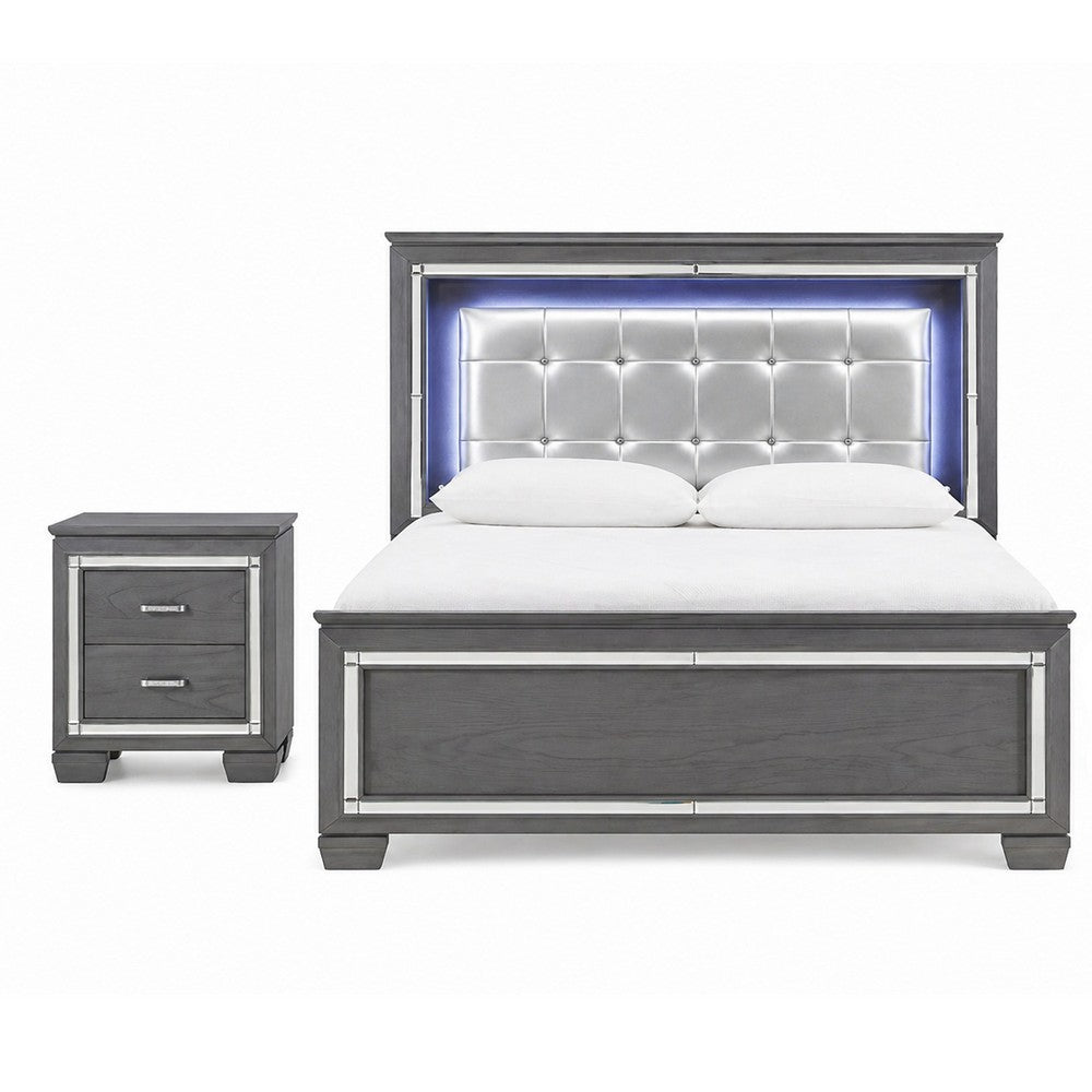 Queen Bedroom Set, Drawer Storage, Gray, 2 Piece Set with Nightstand