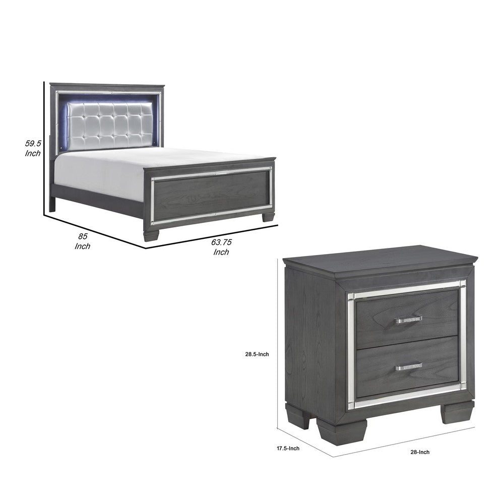 Queen Bedroom Set, Drawer Storage, Gray, 2 Piece Set with Nightstand