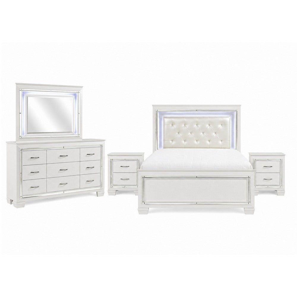 California King Bedroom Set, Drawer Storage, White, 5 Piece Set with 2 Nightstands, Dresser, and Mirror