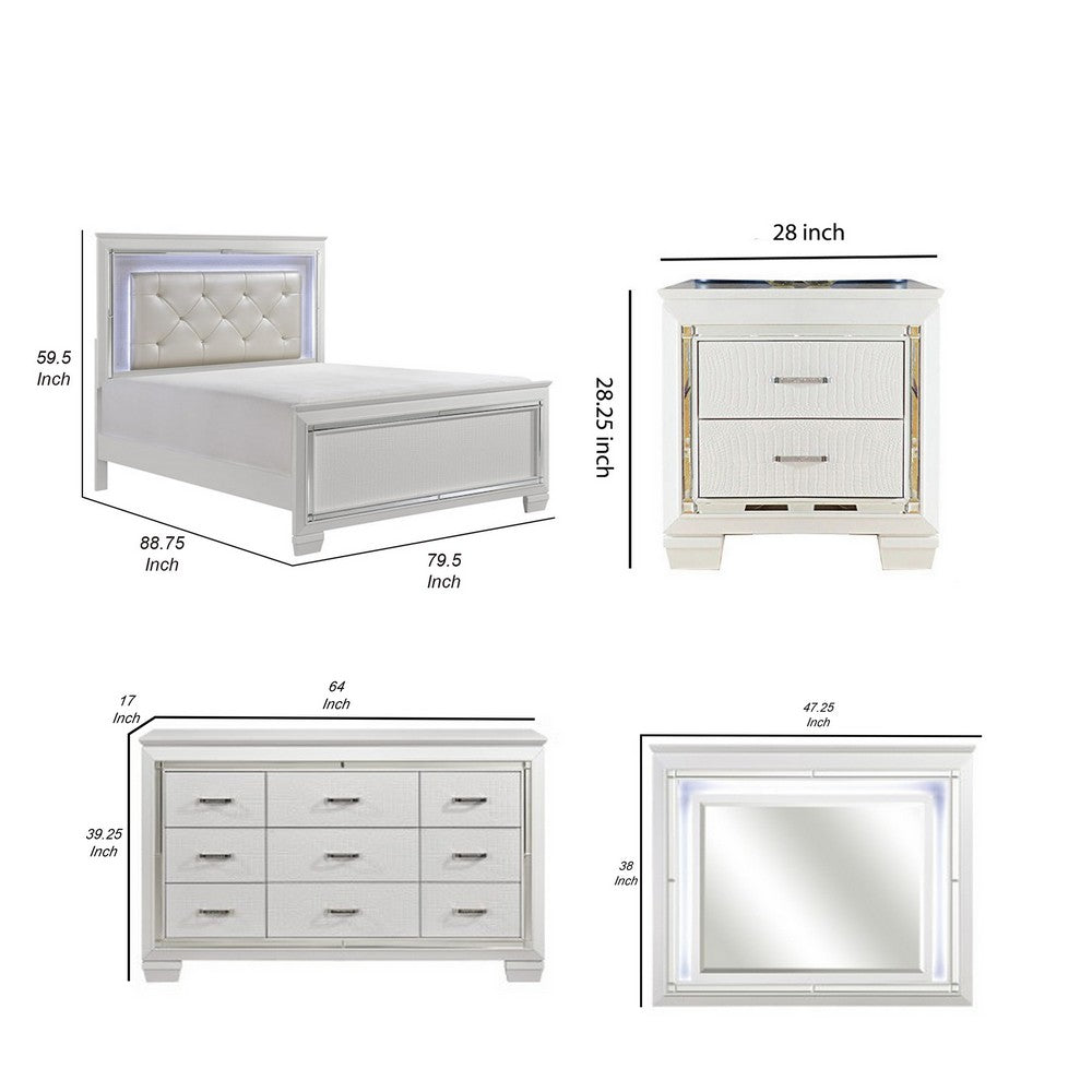 California King Bedroom Set, Drawer Storage, White, 5 Piece Set with 2 Nightstands, Dresser, and Mirror