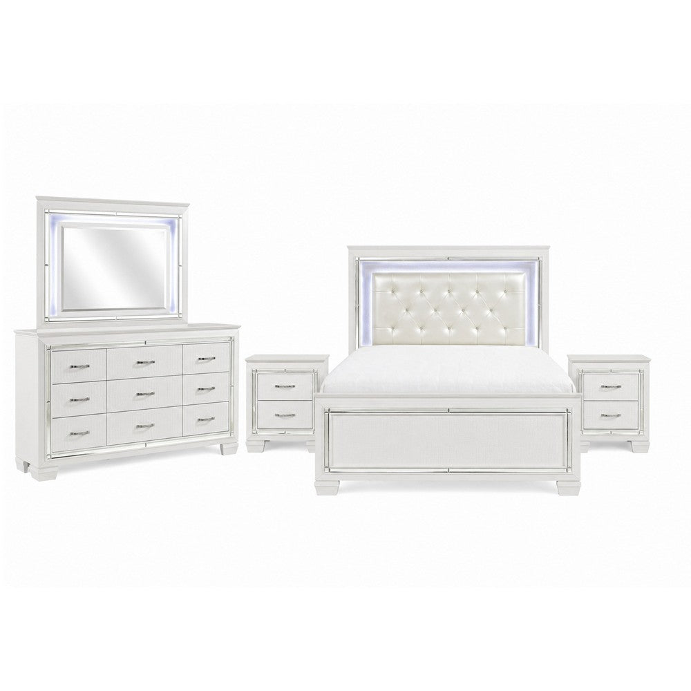 Queen Bedroom Set, Drawer Storage, White, 5 Piece Set with 2 Nightstands, Dresser, and Mirror