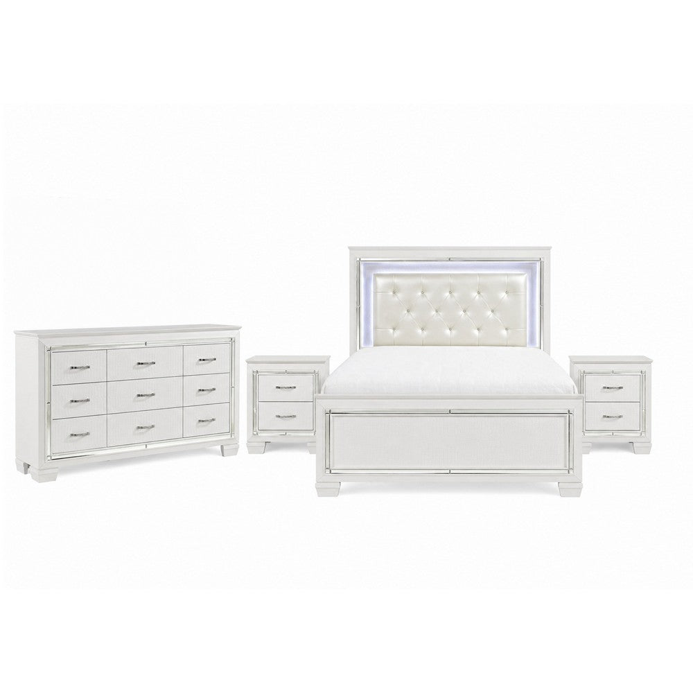 Queen Bedroom Set, Drawer Storage, White, 4 Piece Set with 2 Nightstands and Dresser