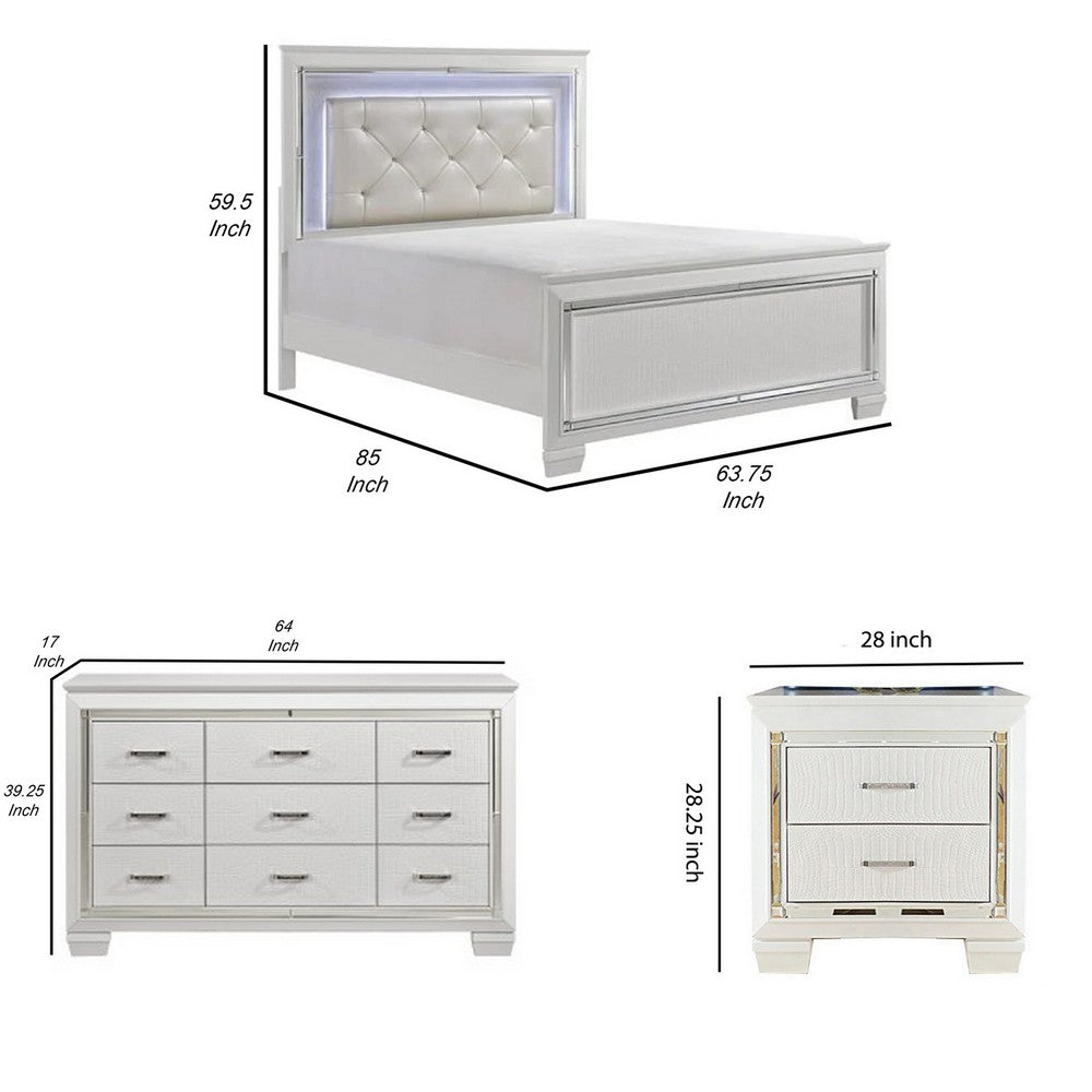 Queen Bedroom Set, Drawer Storage, White, 4 Piece Set with 2 Nightstands and Dresser