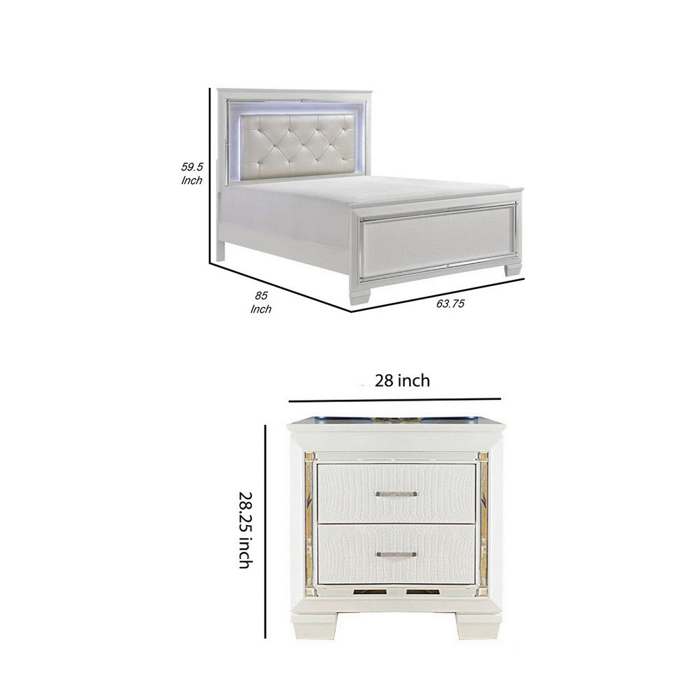 Queen Bedroom Set, Drawer Storage, White, 2 Piece Set with Nightstand