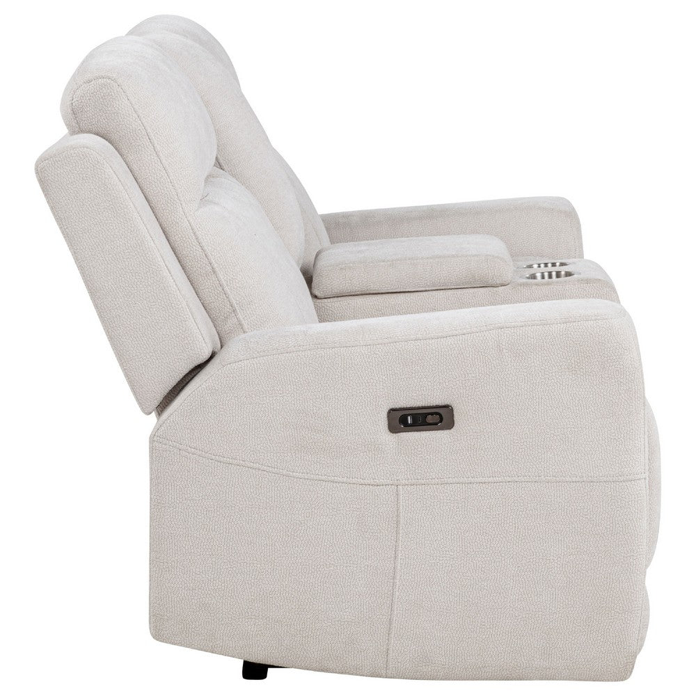 Kenie Power Reclining Loveseat with Console | Ivory Chenille Fabric